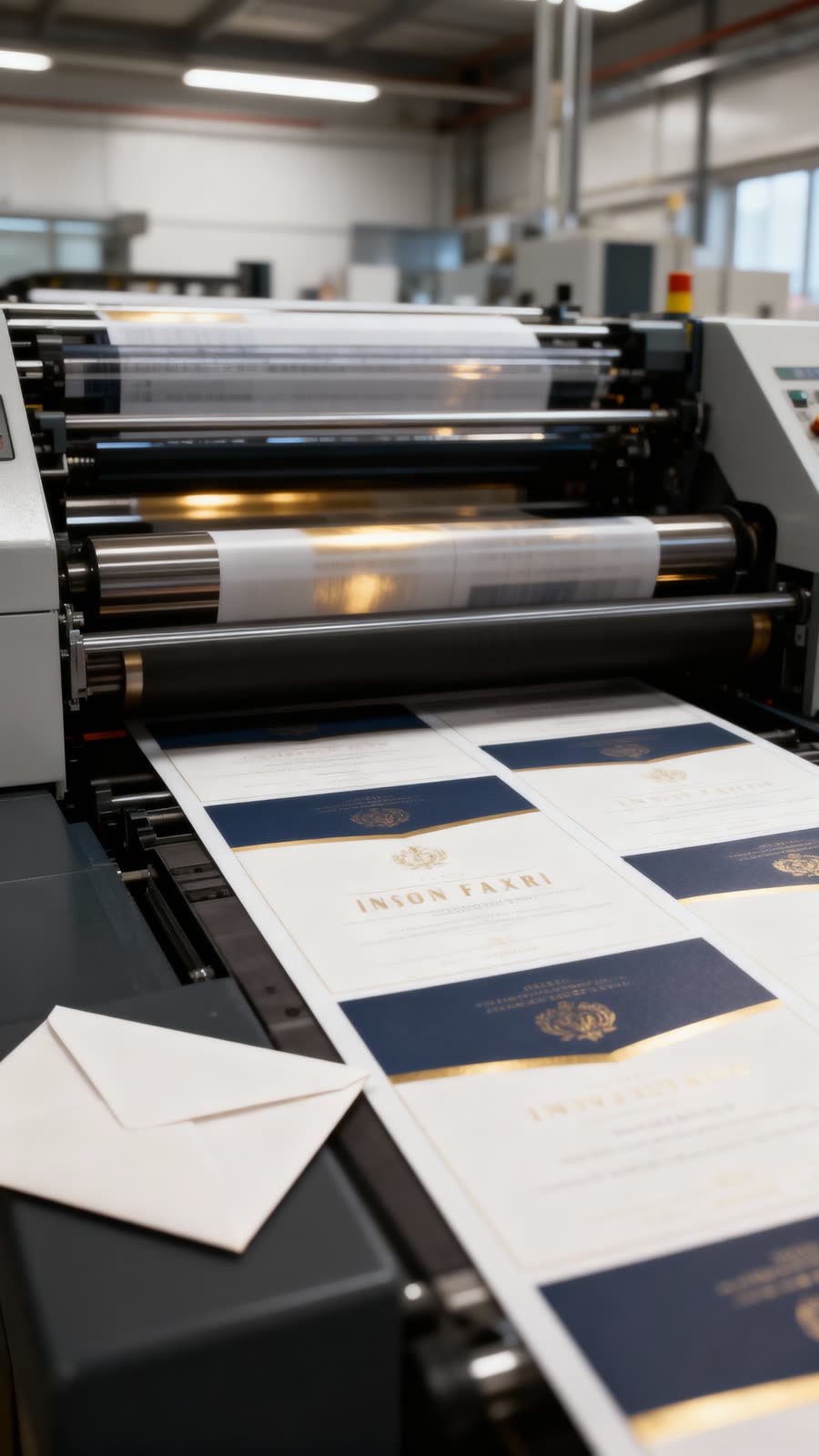 Navy and gold, in a print run.