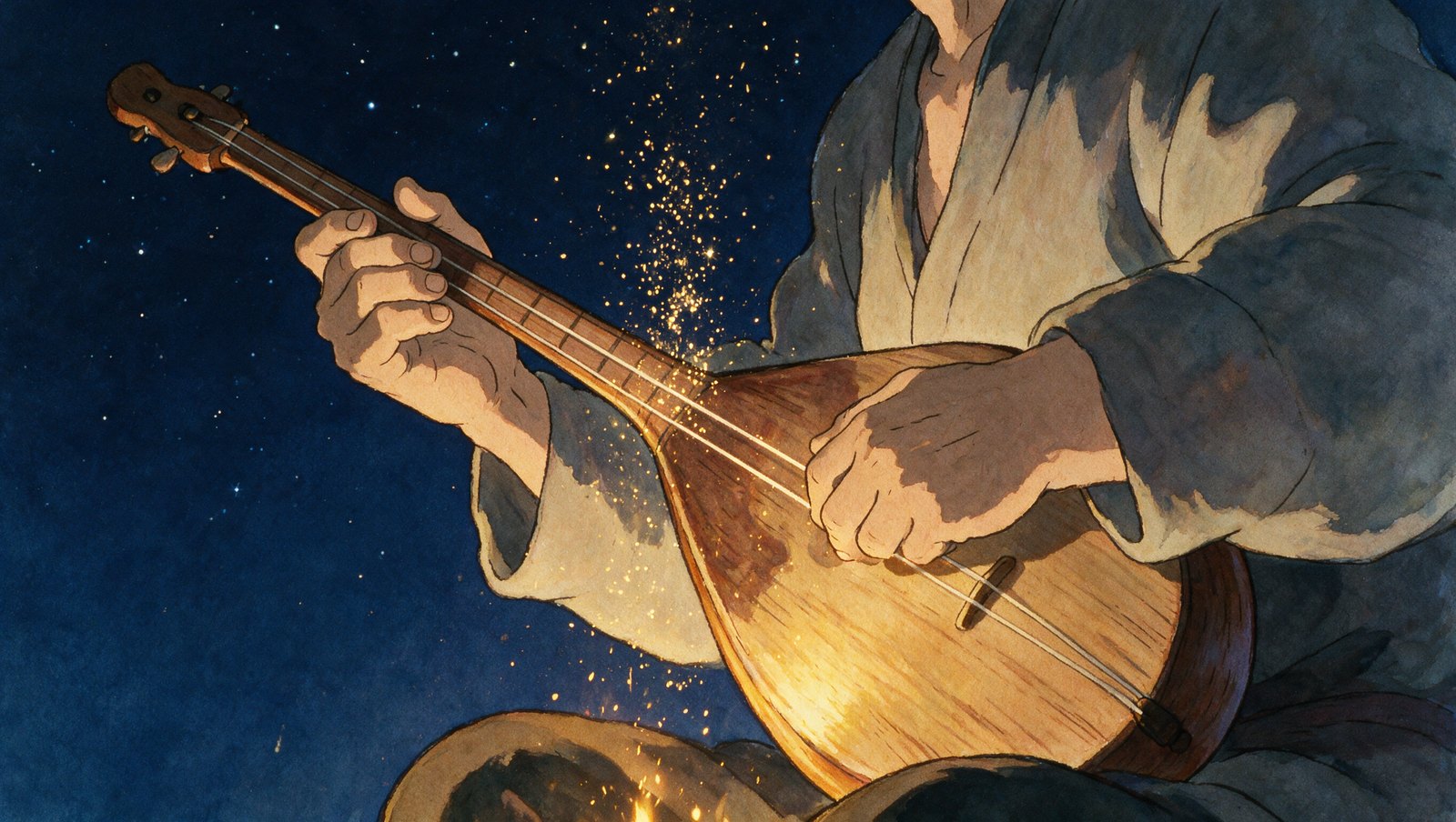 Light rising off the strings of a dombra.