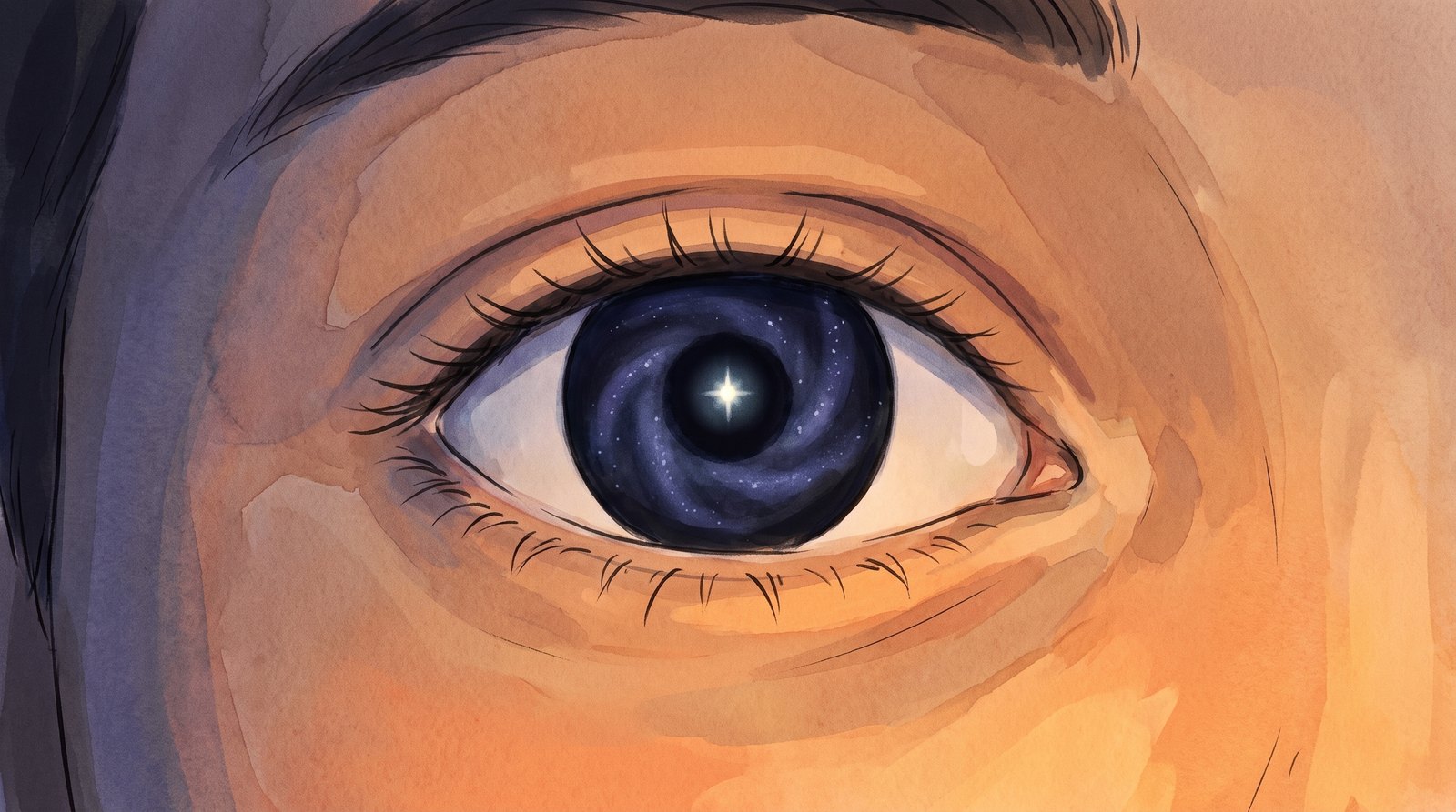 A photon's flight, ending in the boy's pupil.