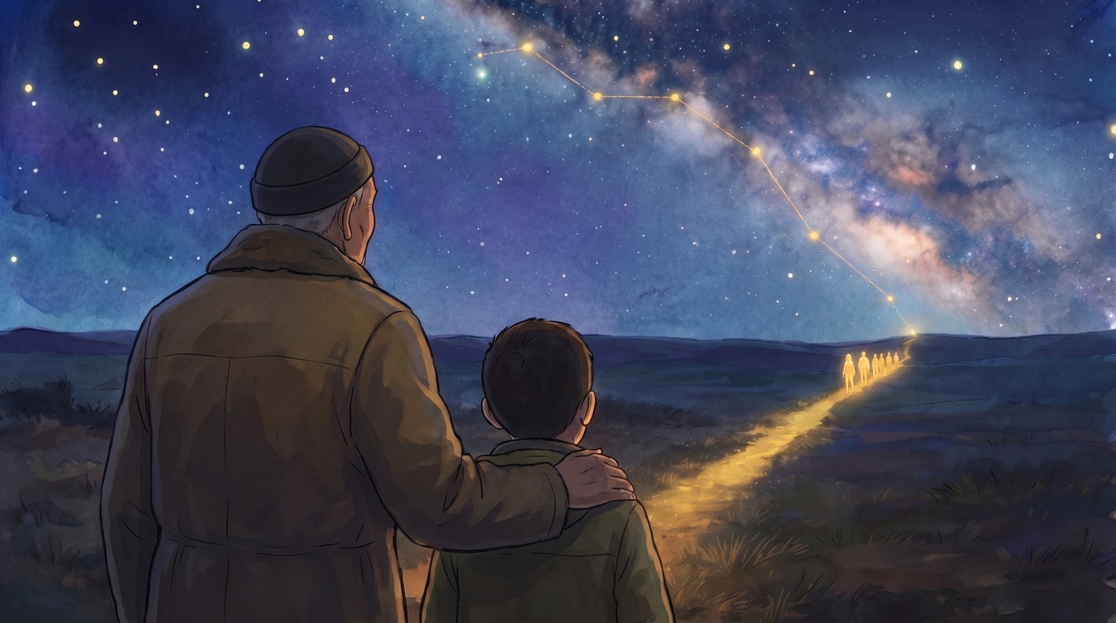 "Elder brothers" on a path of light, the last scene before the stage.