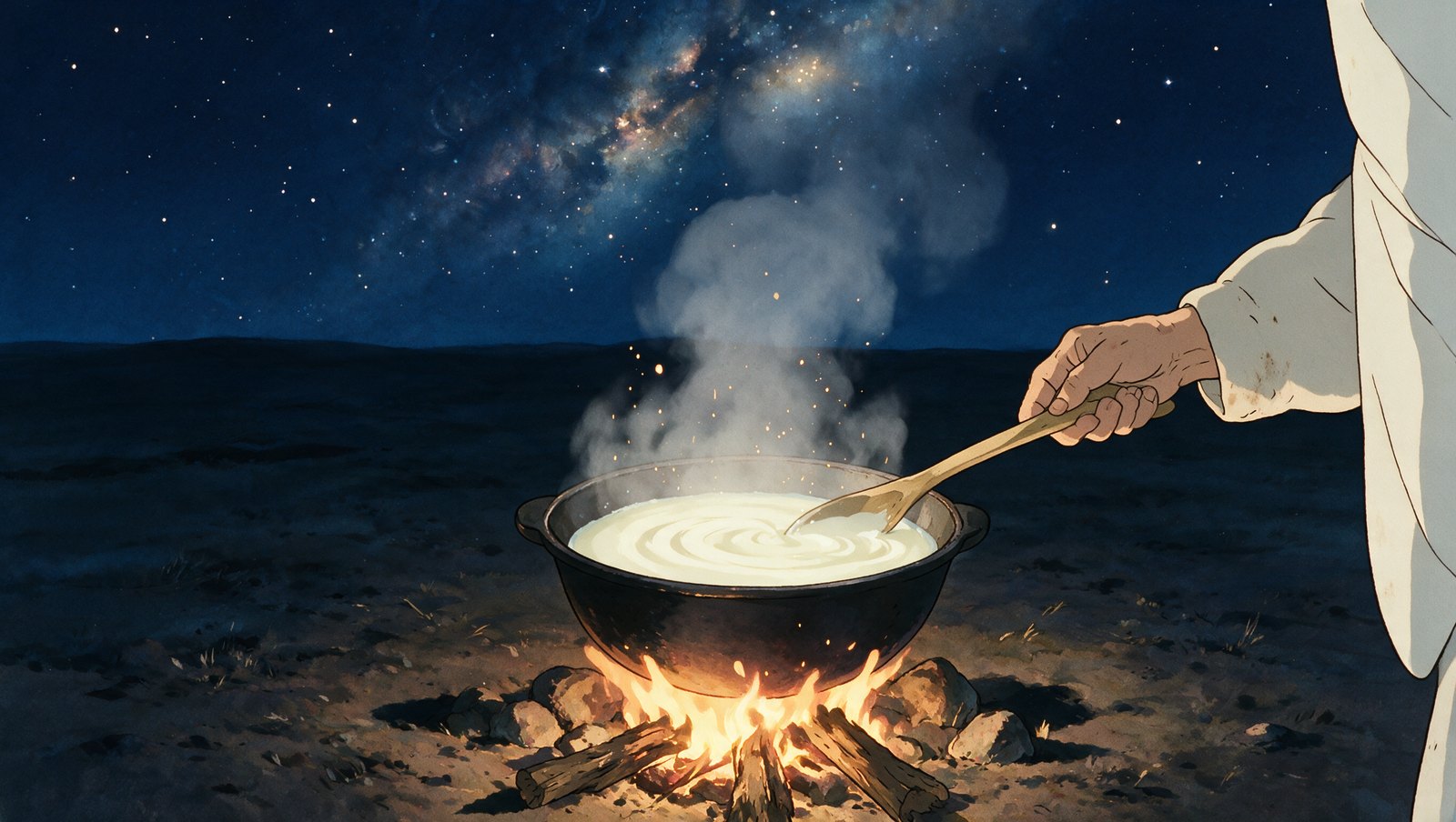 A kazan of milk over the fire, the last frame before the dissolve.