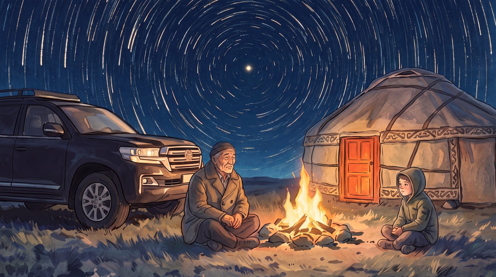Star trails wheeling around the North Star above a yurt and a campfire on the Kazakh steppe, from the JUZ40 opening film