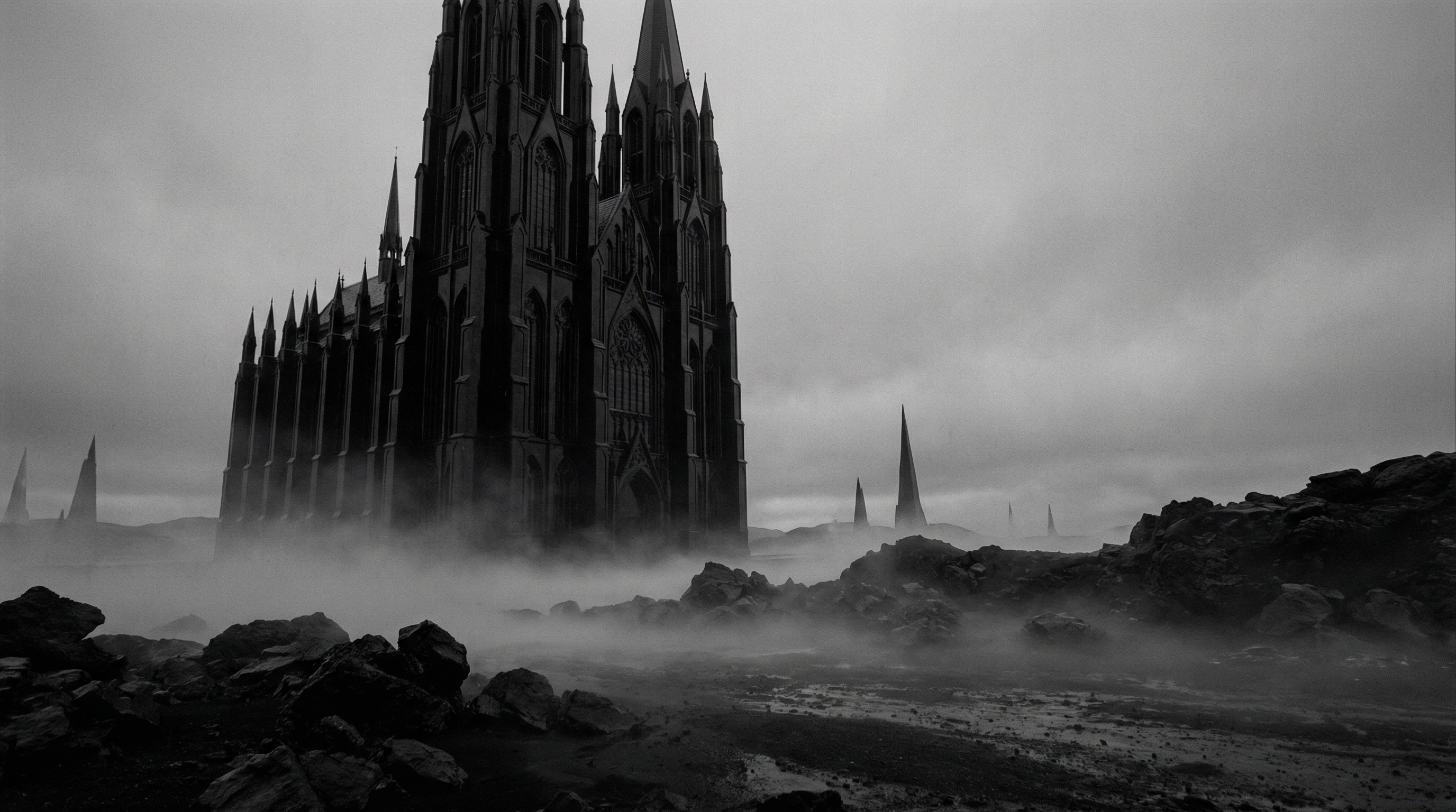 The obsidian cathedral, marooned on a foggy volcanic plain