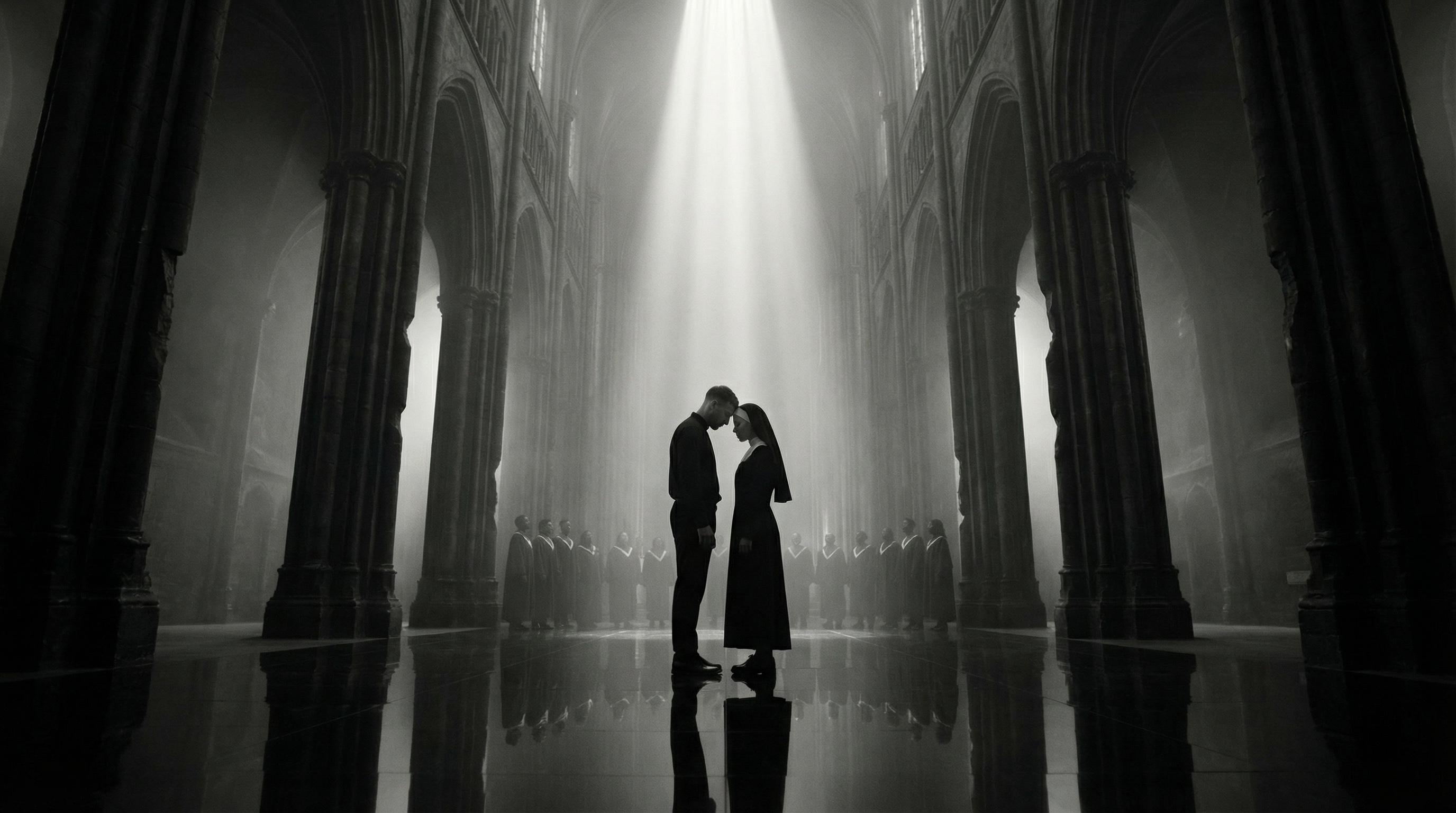 Two figures under the light, the choir closing the circle