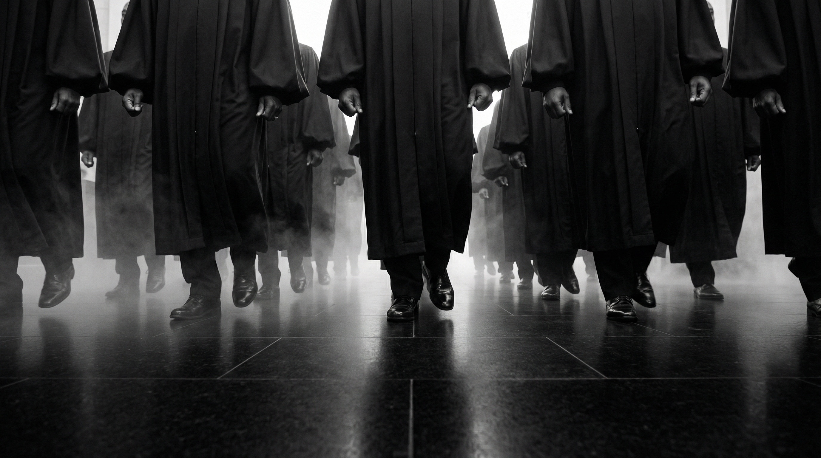 The gospel choir advancing through backlit fog