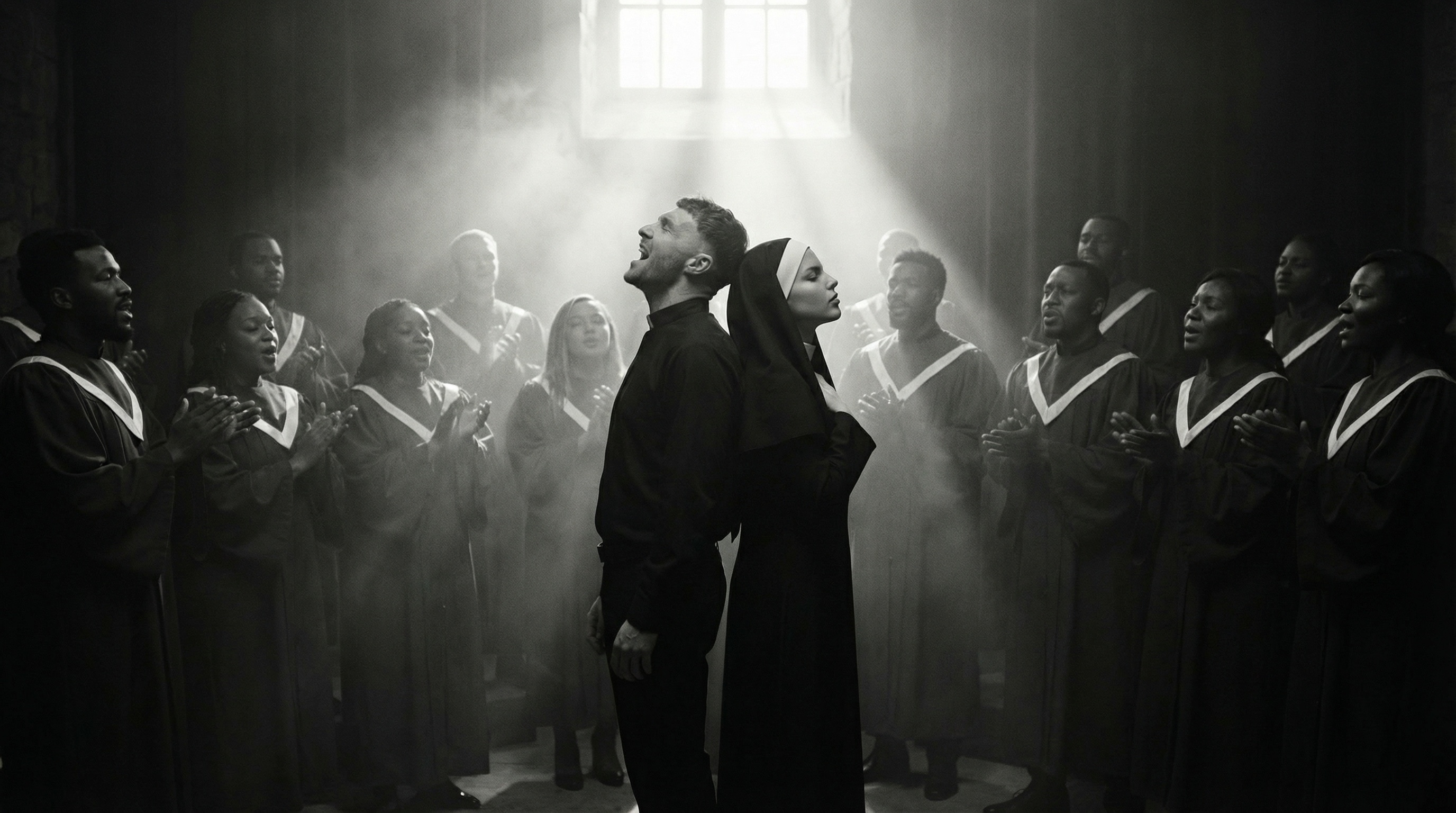 Back to back — he sings skyward, she stays still