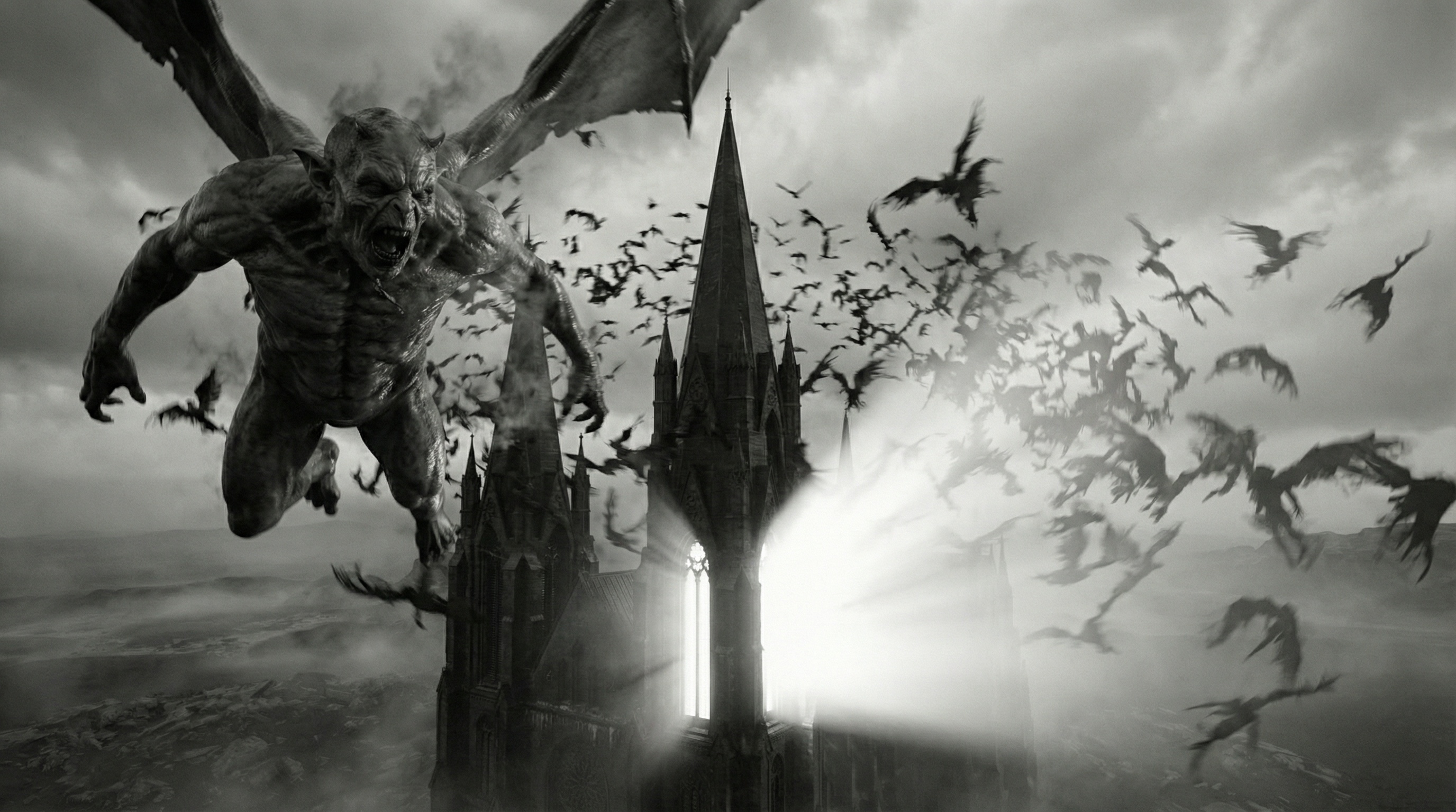 A gargoyle breaks from the spire into the light