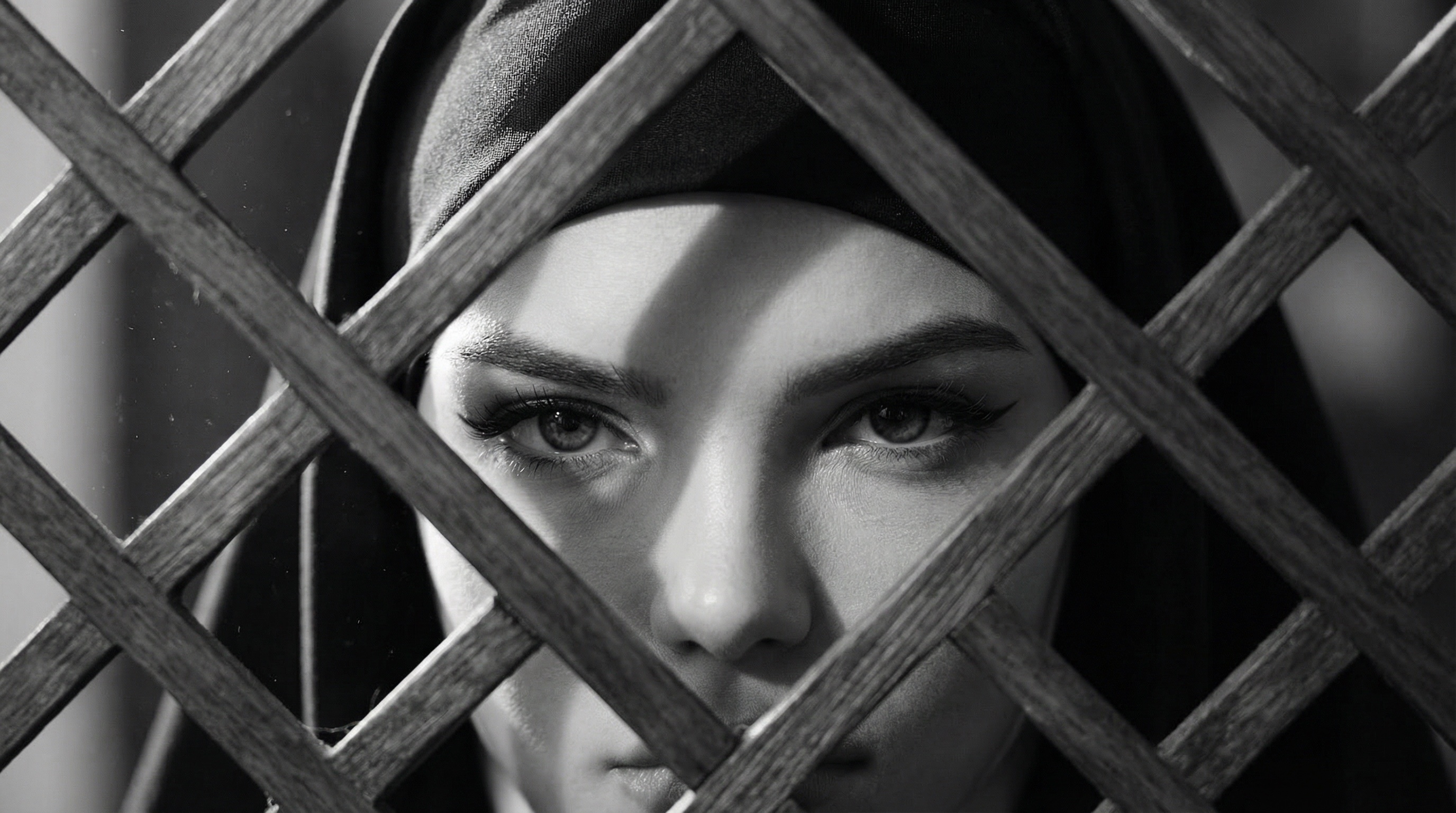 Her face, fractured by the lattice of the grille