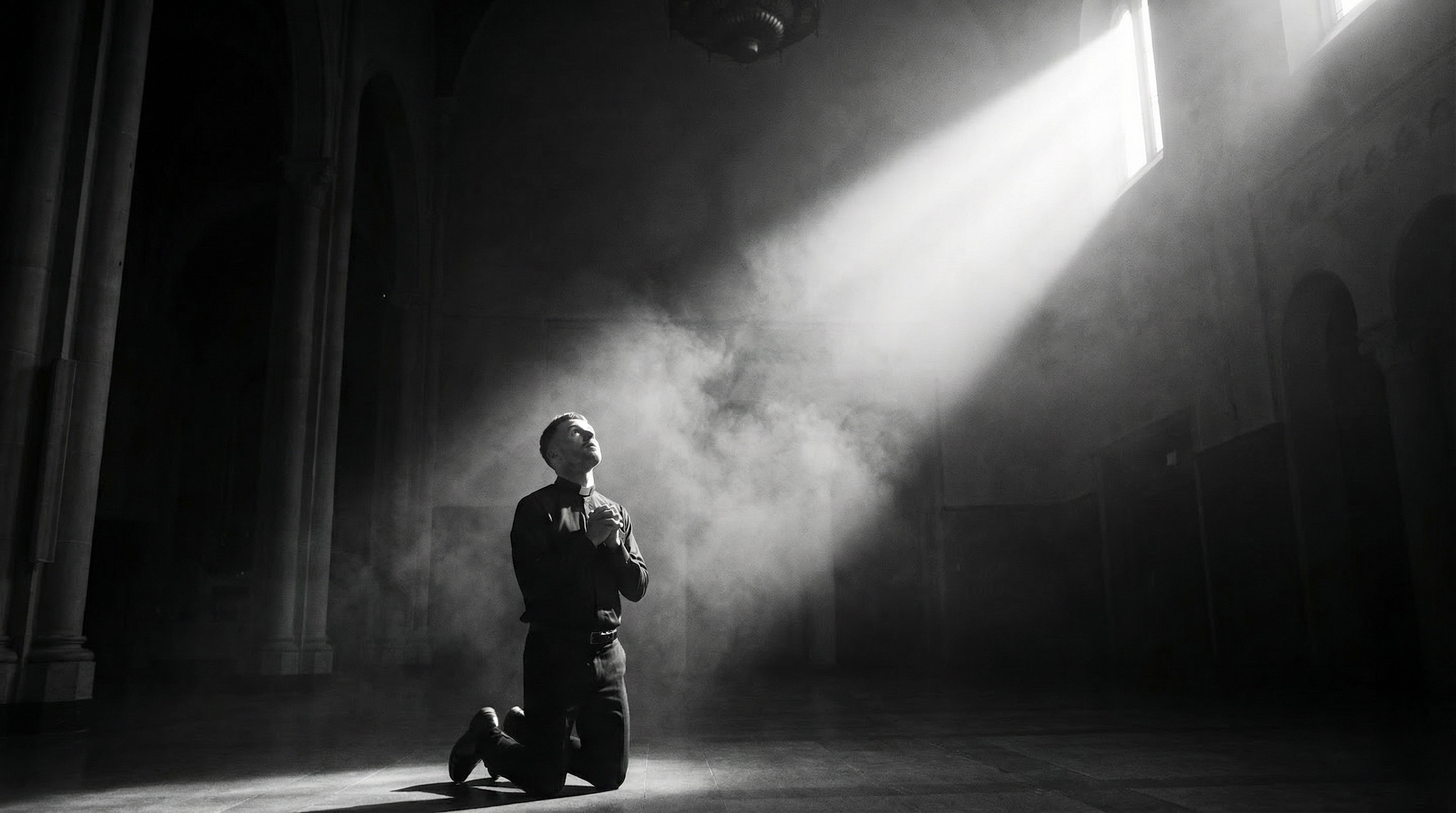 The gaze upward — into the light, through the smoke