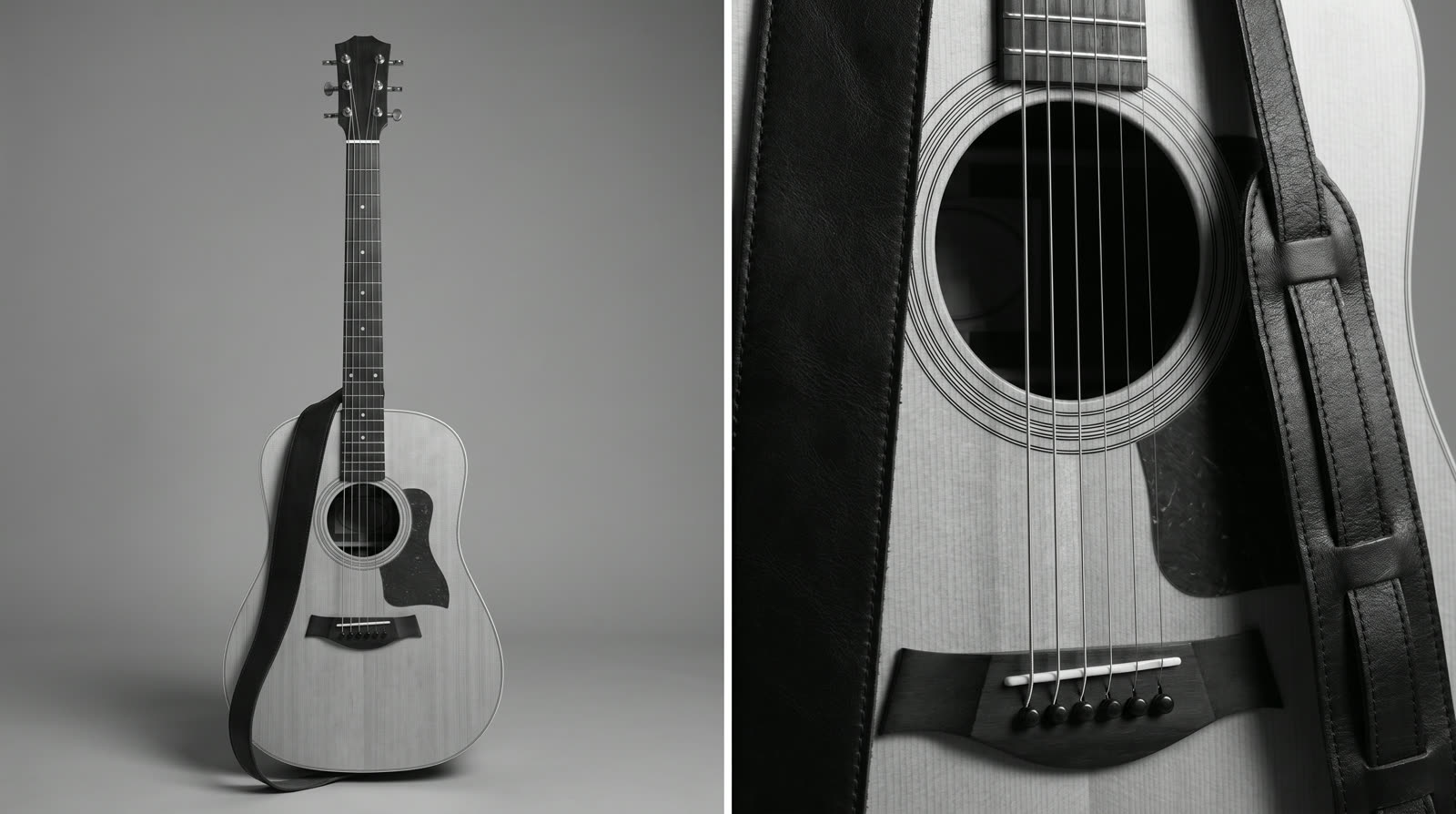 The guitar — blank headstock, black leather strap, locked as an asset