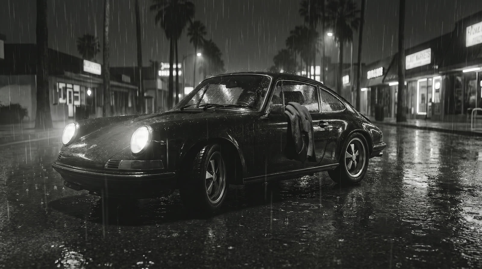 The 1975 Porsche 911 — rain-soaked, locked as an asset
