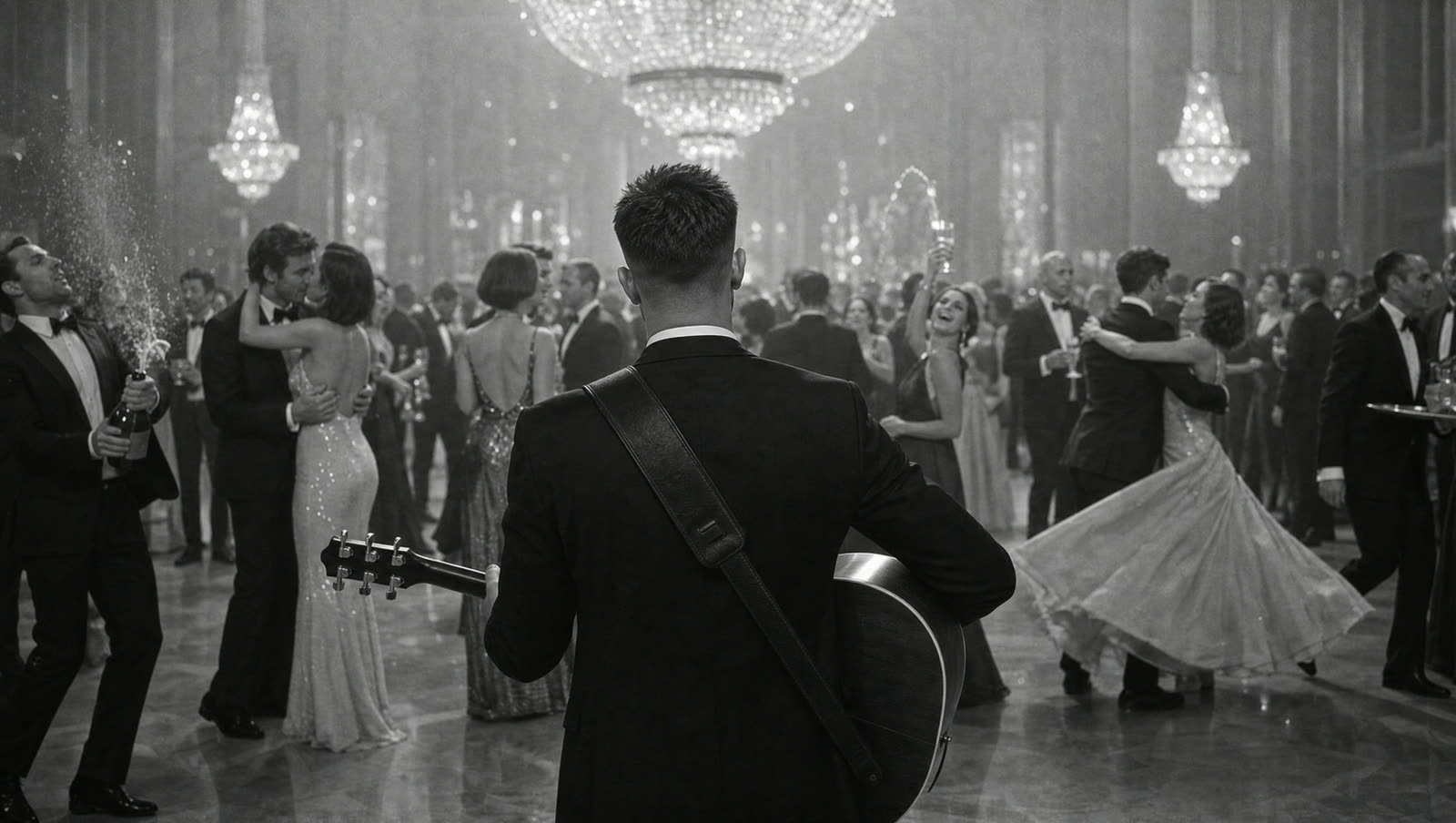 Ballroom arrival plate — the hero from behind