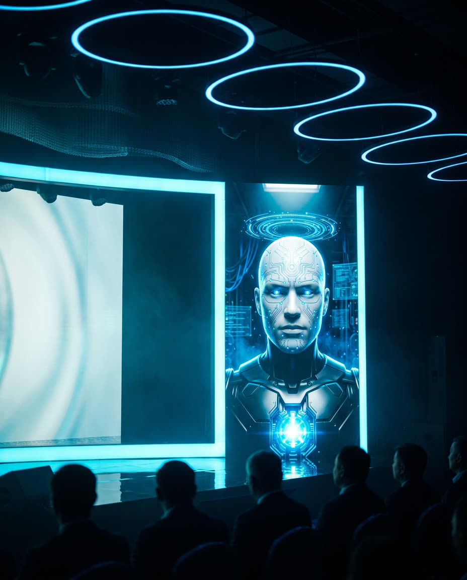 Key visual: the AI host ALEX on a tall vertical stage screen, under the hall's grid of lit rings.