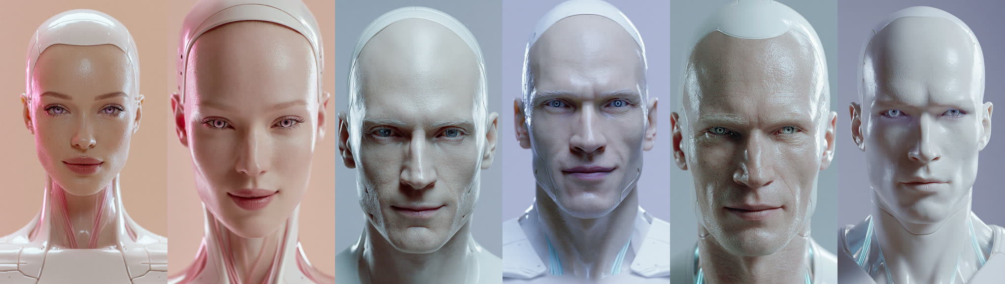 Rejected route one: porcelain android busts in white, pearl-pink and gold, male and female.