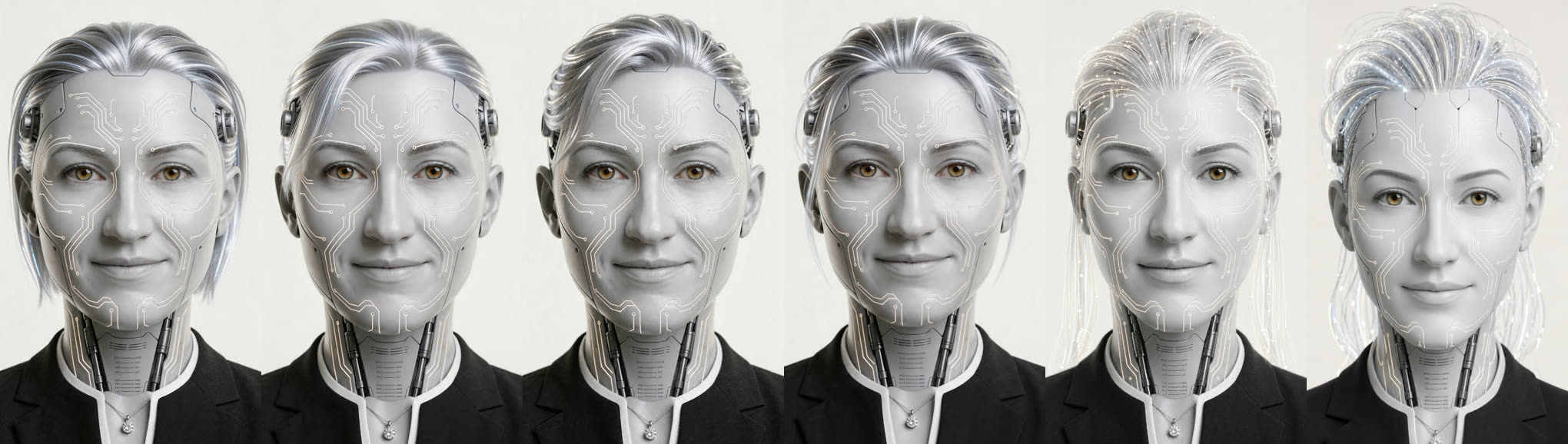 Rejected route two: a silver-grey female android with white circuit traces and amber eyes.
