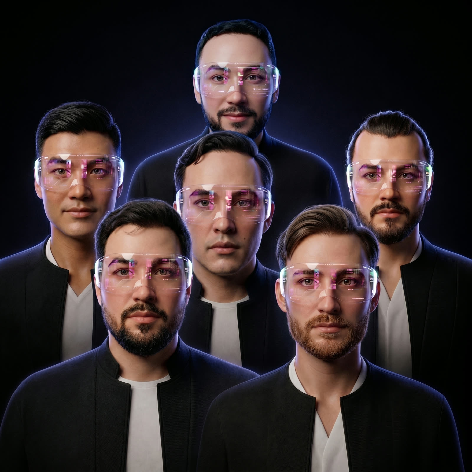 Six of the fifteen digital twins in one frame — one wardrobe, one light, one visor.