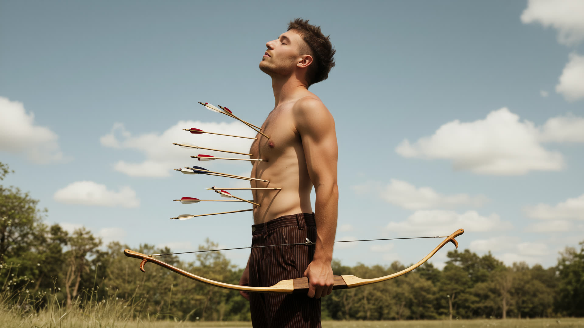 The man with arrows — still standing in an open field