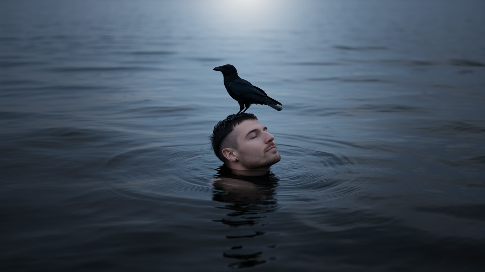 The crow — grief resting on the hero in open water