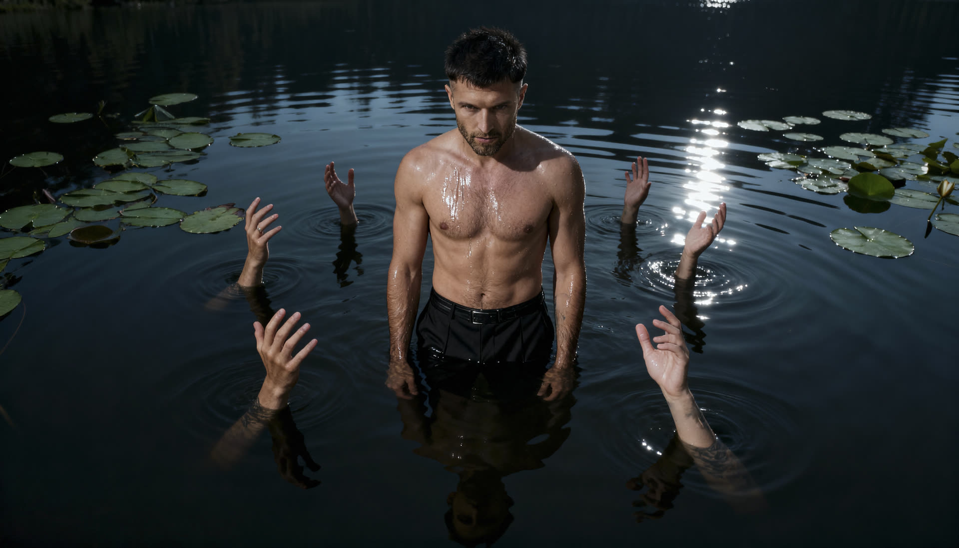 The lily lake — hands rising around the hero
