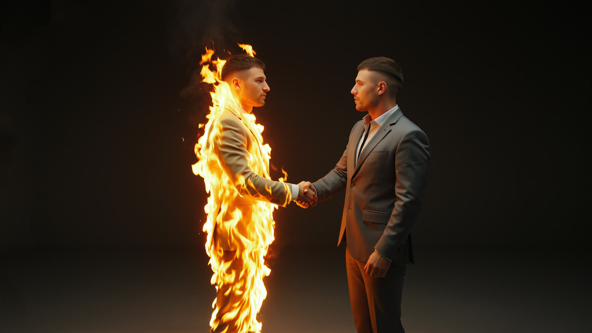 The burning handshake — meeting his own self-destruction