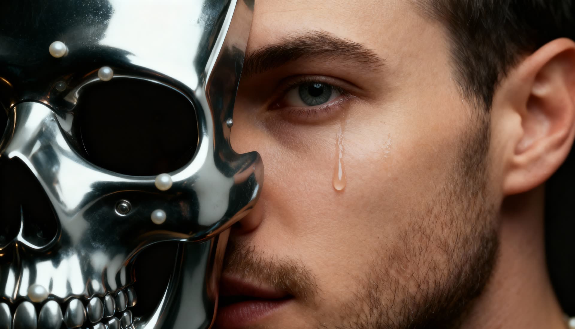 The chrome mask and the tear — soft inside the metal
