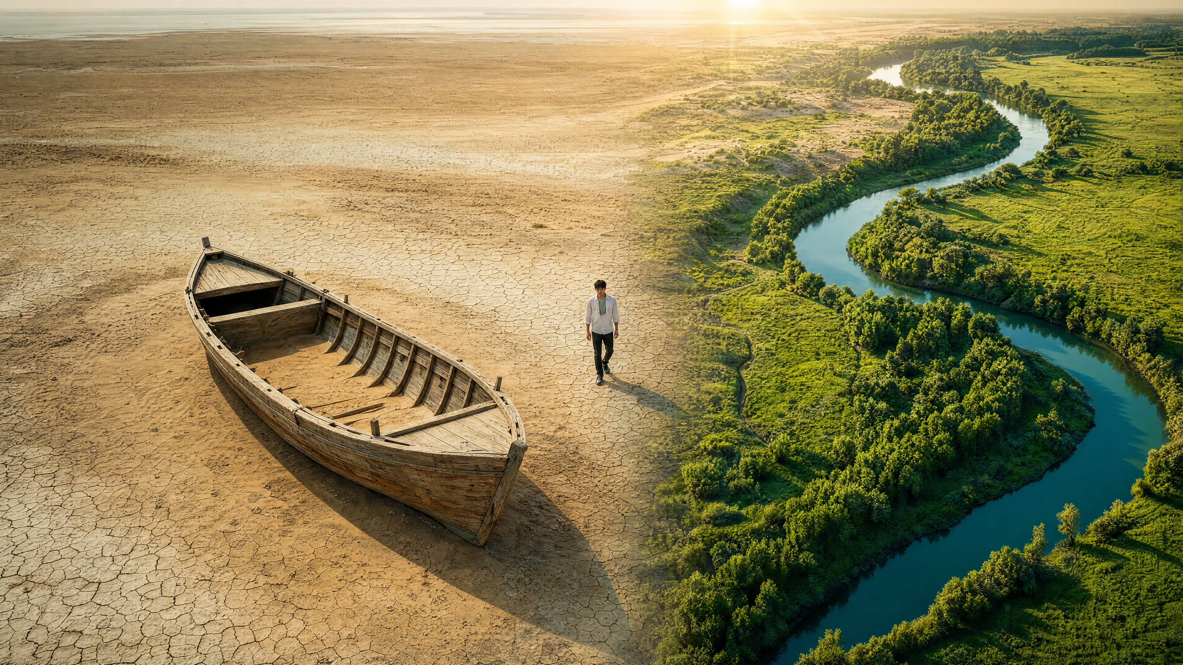The dried seabed with a weathered boat turning into green land with a living river — the key visual of the Aral Sea film