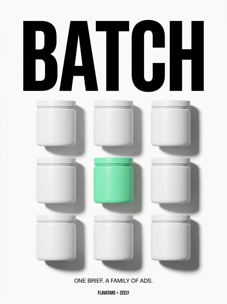 BATCH — series poster on white: a grid of identical jars with one Zeely-green jar, caption One brief, a family of ads