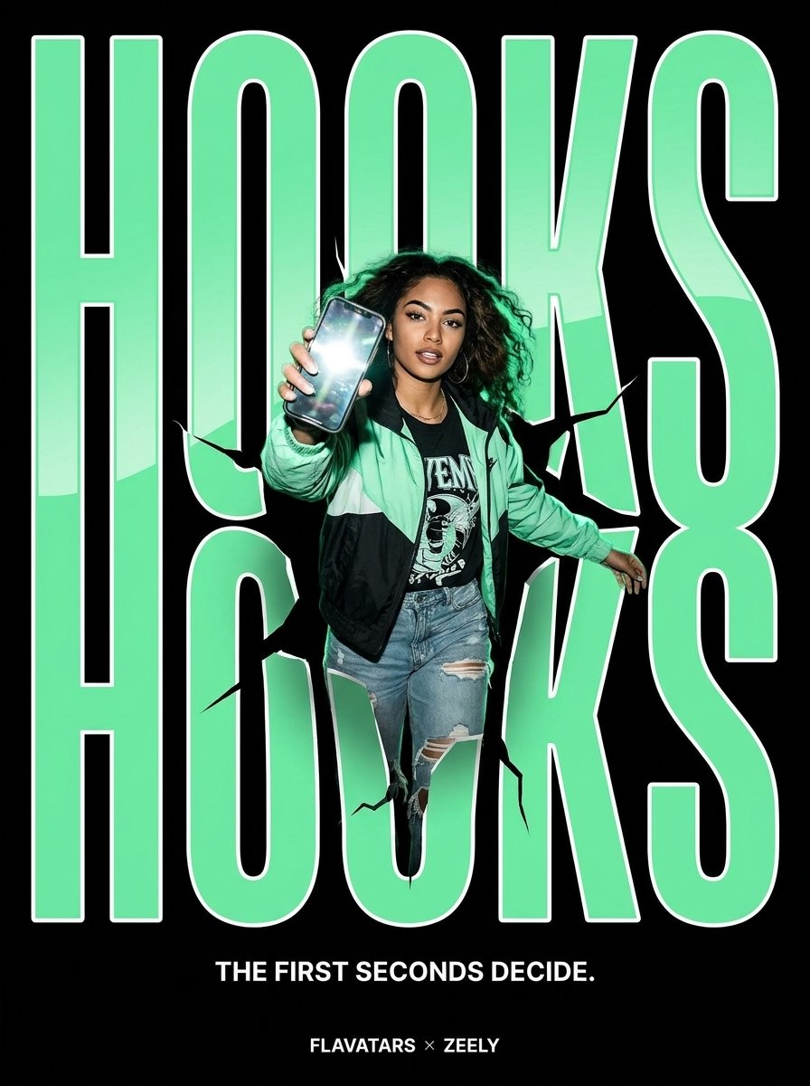 HOOKS — series poster in black and Zeely green: a creator bursts through giant type holding a phone, caption The first seconds decide