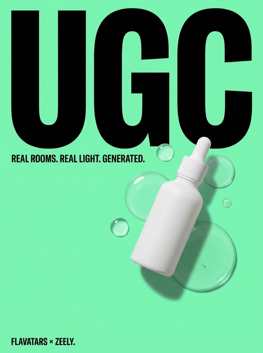 UGC — series poster on Zeely green: an unbranded dropper bottle amid liquid bubbles, caption Real rooms, real light, generated